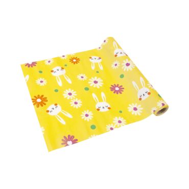 Chemin de table jaune Pâques avec motifs lapins et fleurs colorées en rouleau 3 mètres | jourdefete.com