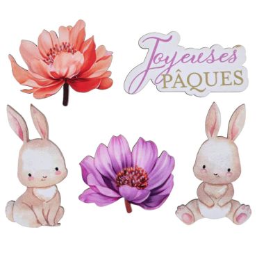 Lot de 10 décorations à parsemer Lapinou – lapins, fleurs et message Joyeuses Pâques | jourdefete.com