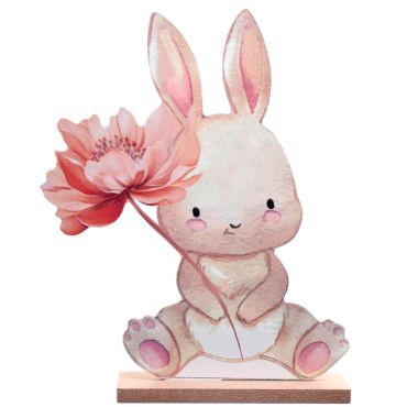 Figurine Lapinou en bois avec fleur rose – décoration de Pâques | jourdefete.com