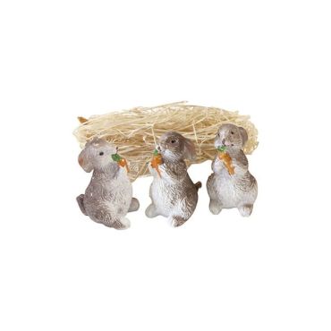 Lot de 3 lapins bruns en résine avec carotte et paille, déco de Pâques | jourdefete.com