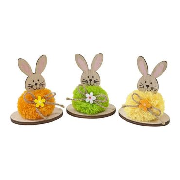 Lapin en bois avec pompon coloré, décoration de Pâques festive | jourdefete.com