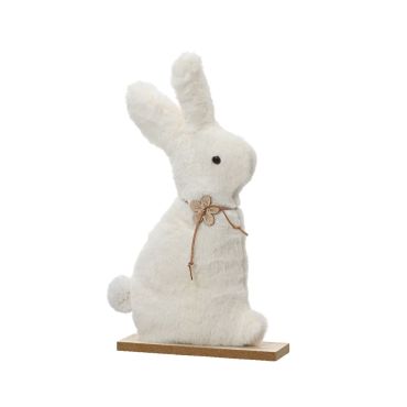Lapin décoratif en fausse fourrure blanche sur socle en bois | jourdefete.com