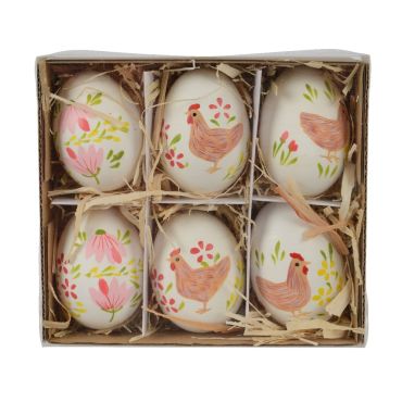 Lot de 6 œufs de Pâques peints avec motifs de poules et fleurs | jourdefete.com