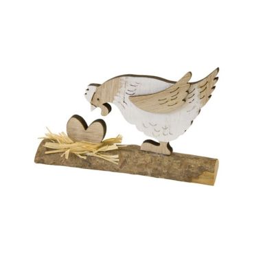 Décoration Pâques poule en bois sur bûche et paille | jourdefete.com