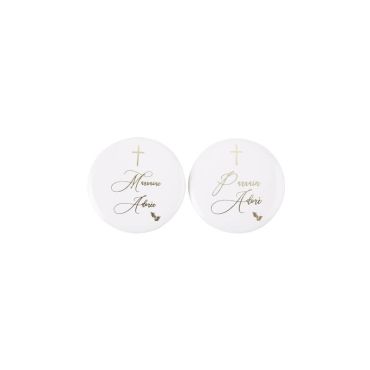 2 Badges Marraine et Parrain - Collection Communion Pureté Blanc et Or