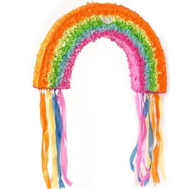 Découvrez la pinata arc-en-ciel avec un petit nuage blanc à chaque extrémité.