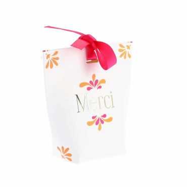Contenants Merci en papier blanc avec motifs floraux rose orange et doré pour fête élégante | jourdefete.com Contenants Merci en papier blanc avec motifs floraux rose orange et doré pour fête élégante | jourdefete.com
