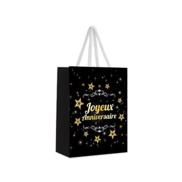 Pochette cadeau noire avec inscription "Joyeux Anniversaire" et étoiles dorées | jourdefete.com