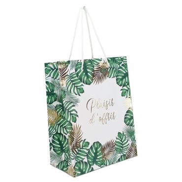 Une petite pochette cadeau aux motifs de fleurs tropicales avec la mention "Plaisir d'offrir" | jourdefete.com