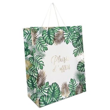 Une pochette cadeau de taille moyenne aux motifs de fleurs tropicales avec la mention "Plaisir d'offrir" | jourdefete.com