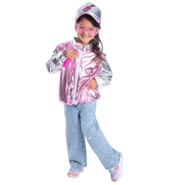 Kit déguisement pop star fille veste rose avec lunettes, micro et casquette | jourdefete.com