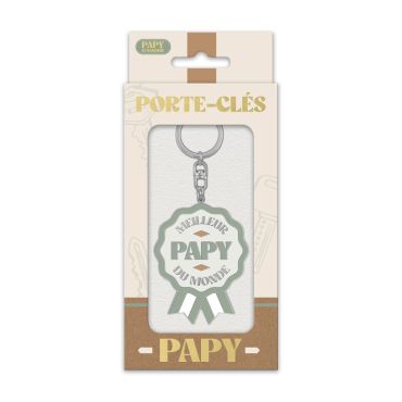 Porte-clés Meilleur Papy du Monde en forme de médaille verte et blanche | jourdefete.com