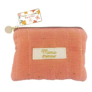 Porte-monnaie saumon brodé "Mamie d'Amour" en tissu doux | jourdefete.com