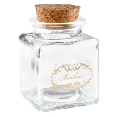 Un pot en verre avec écrit "Bonheur" en doré pour vos tables | jourdefete.com