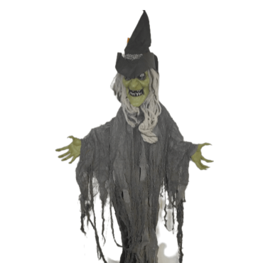 Cette sorcière animée pour Halloween parlera en prononçant des phrases telles que "Happy Halloween" sur un ton sarcastique | jourdefete.com