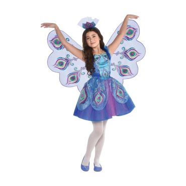 Déguisement pour fille de princesse des paons avec robe bleue et grandes ailes imprimées | jourdefete.com