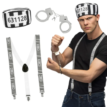 Homme déguisé avec un set de prisonnier 3 pièces incluant bretelles rayées, calot et menottes | jourdefete.com Homme déguisé avec un set de prisonnier 3 pièces incluant bretelles rayées, calot et menottes | jourdefete.com