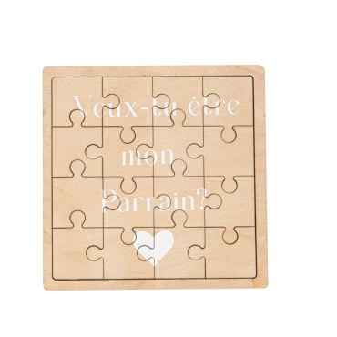 Puzzle en bois avec message "Veux-tu être mon parrain ?" à découvrir en assemblant les pièces | jourdefete.com