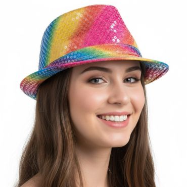 Chapeau Borsalino arc-en-ciel avec sequins brillants | jourdefete.com