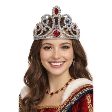 Couronne de reine argentée avec pierres colorées et perles | jourdefete.com
