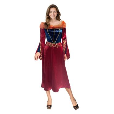 Femme déguisée en reine médiévale avec robe bordeaux et dorures | jourdefete.com