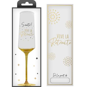 Flûte à champagne élégante avec message "Vive la Retraite" doré et noir | jourdefete.com