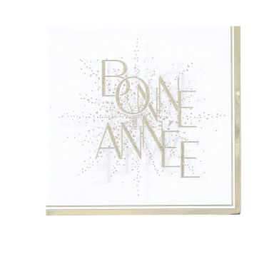 Serviettes Bonne Année Bubbles Party blanc et or avec inscription dorée festive | jourdefete.com