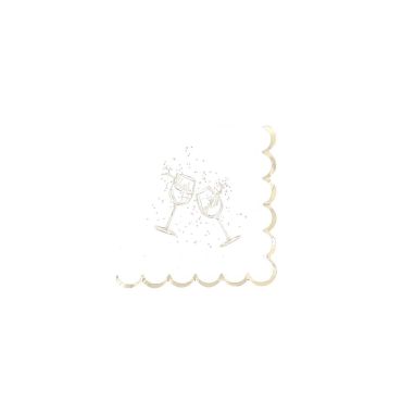 Serviettes cocktail Bubbles Party blanc et or avec verres à vin et bord festonné | jourdefete.com