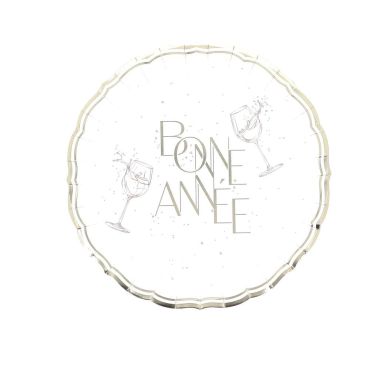 Assiettes en carton Bonne Année Bubbles Party blanc et or pour table de réveillon | jourdefete.com