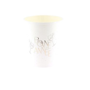 Gobelets en carton Bonne Année Bubbles Party blanc et or pour réveillon | jourdefete.com
