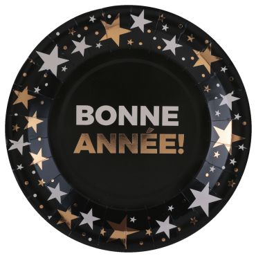 Assiettes "Bonne Année" Noir et Or avec étoiles dorées pour le Nouvel An Ø22,5 cm | jourdefete.com