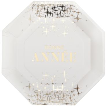 Assiettes blanches "Bonne Année" avec motifs étoilés dorées | jourdefete.com