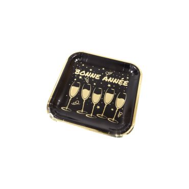 Assiettes carrées en carton noir et or "Bonne Année" pour fête du Nouvel An | jourdefete.com