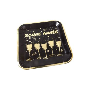 Assiettes carrées en carton Bonne Année noir et or pour réveillon du Nouvel An | jourdefete.com