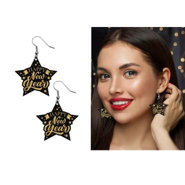 Boucles d’oreilles avec étoiles "Happy New Year" noires et dorées pour le réveillon | jourdefete.com