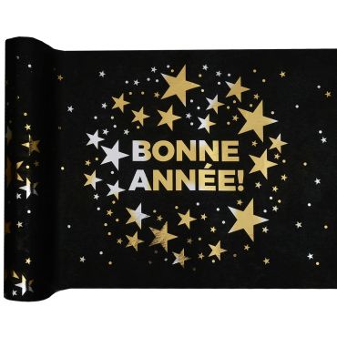 Chemin de table Bonne Année noir et champagne avec étoiles dorées et argentées | jourdefete.com