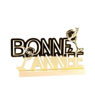 Déco "Bonne Année" Bubbles Party en plexi or et blanc sur socle bois | jourdefete.com