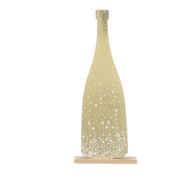 Décoration bouteille de champagne or avec bulles blanches sur socle bois | jourdefete.com