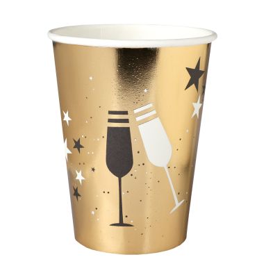 Gobelets dorés jetables avec motifs de flûtes à champagne pour le Nouvel An | jourdefete.com