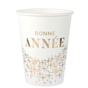 Gobelets "Bonne Année" dorés sur fond blanc pour fête de Nouvel An | jourdefete.com