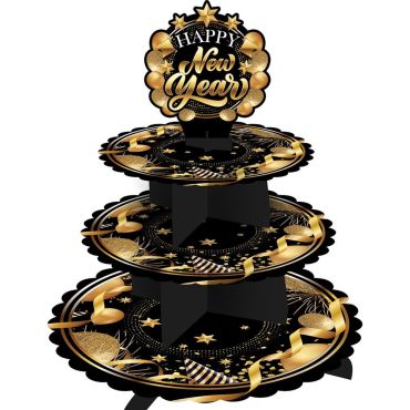Présentoir à gâteaux 3 étages Happy New Year noir et doré pour le Nouvel An | jourdefete.com