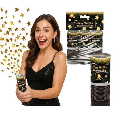 Canon à confettis Happy New Year doré avec étoiles pour le réveillon | jourdefete.com