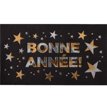 Serviettes en papier noires et dorées avec inscription Bonne Année et étoiles festives | jourdefete.com