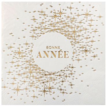 Serviettes blanches "Bonne Année" avec étoiles dorées scintillantes | jourdefete.com