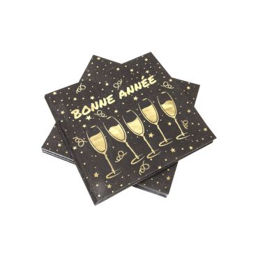 Serviettes en papier Bonne Année noir et or pour déco de table festive | jourdefete.com