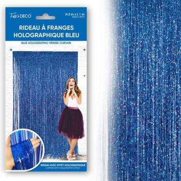 Rideau de franges bleu holographique 2x1m pour déco festive | jourdefete.com