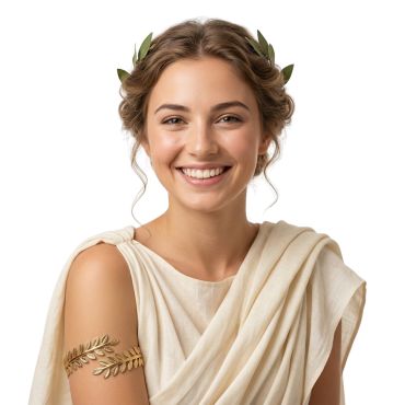 Femme souriante portant un bracelet de bras doré en forme de feuilles de laurier pour déguisement de romaine | jourdefete.com