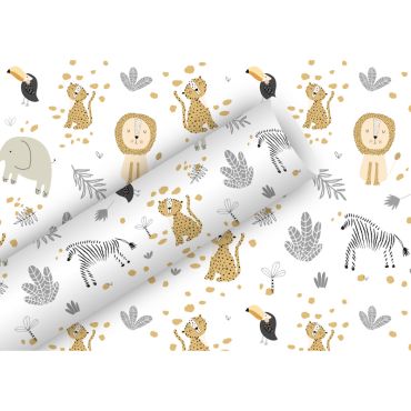 Papier cadeau Animaux Jungle avec lions, zèbres et toucans | jourdefete.com