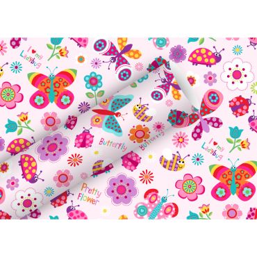 Papier cadeau "Flying Friends Rose" avec motifs papillons et fleurs | jourdefete.com