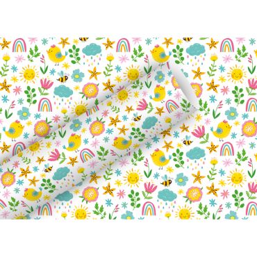 Papier cadeau Hello Sunshine aux motifs arc-en-ciel, fleurs et oiseaux | jourdefete.com